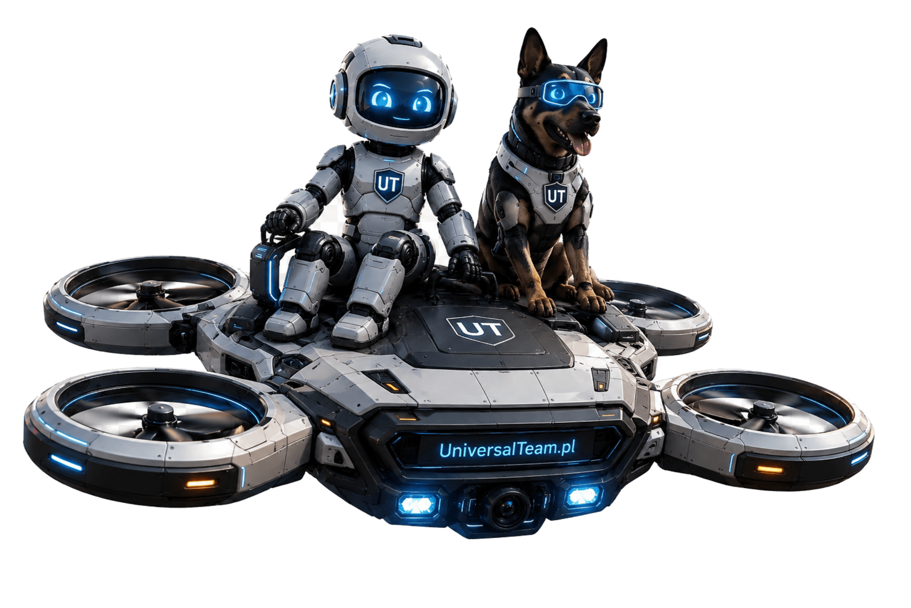 Maskotka Universal Team — robot-pies na dronie